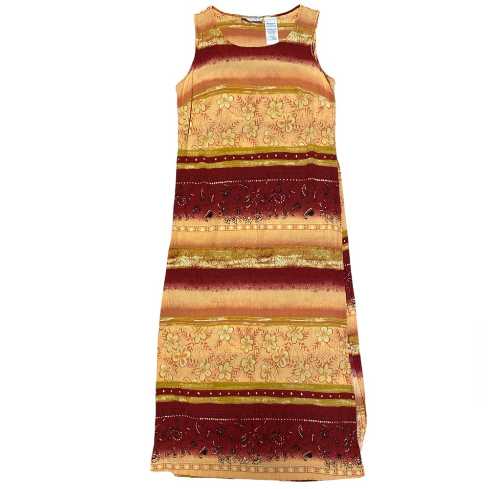 Y2K White Stag Sleeveless Dress Women’s M Yellow Red Stripe Floral Maxi Vintage